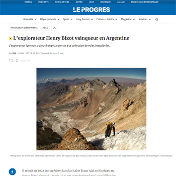 <p>Article &quot;L&rsquo;explorateur Henry Bizot vainqueur en Argentine&quot; - Le progr&egrave;s du 28/12/2022</p>