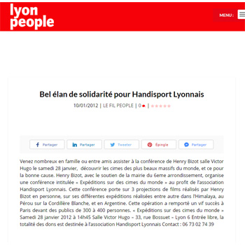 <p>Article &quot;Bel &eacute;lan de solidarit&eacute; pour Handisport Lyonnais&quot; -&nbsp;Lyon People du 10 janvier 2012</p>